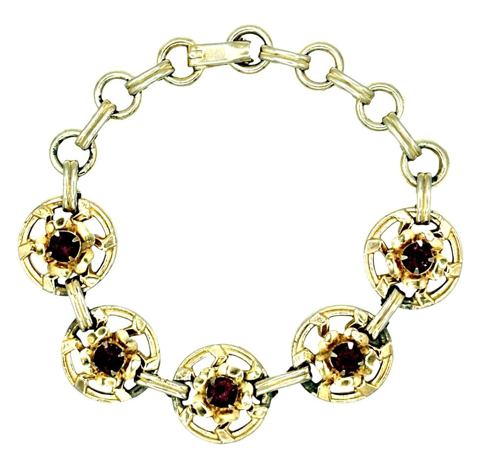 Vintage 1930s Floral Link Bracelet * Gold w Purple Stones • Art Deco Jewelry